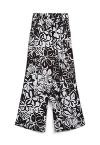 Black and white floral print trousers featuring an elastic waistband and wide-leg design, made from lightweight fabric with a smooth texture.