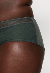 Dark green hipster-style underwear made from smooth fabric with a mesh accent. Features a textured side panel and elastic waistband.