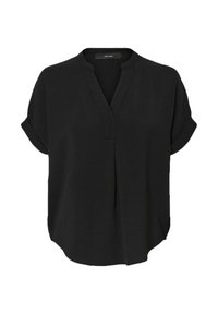 Zwarte blouse met korte mouwen en een V-hals, met een ontspannen pasvorm, zachte textuur en subtiele voorplooien voor detail.