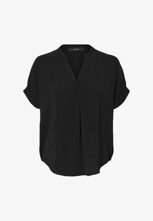 Must 黑色短袖衬衫,V领设计,宽松版型,柔软质地,前面有细微褶皱作为细节。