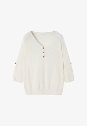 Maglione a maglia color crema con scollatura a V, maniche a tre quarti e quattro bottoni in legno lungo la parte anteriore. Texture morbida e vestibilità comoda.