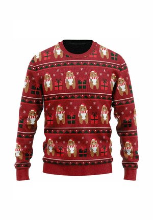 Red sweater featuring a repeated pattern of bears in scarves and hats, gifts, and snowflakes. Knitted texture with crew neck design.