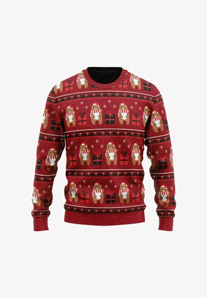 Red sweater featuring a repeated pattern of bears in scarves and hats, gifts, and snowflakes. Knitted texture with crew neck design.