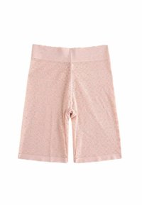Ljust rosa cykelshorts med ett texturerat blommönster, bred elastisk midjeband och längd vid mitten av låret. Mjukt tyg och slät finish.
