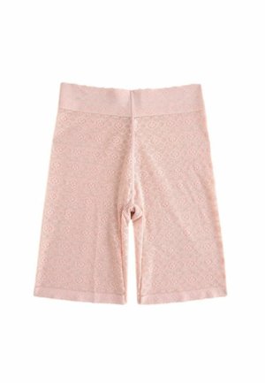 Lys pinke cykelshorts med et tekstureret blomstermønster, bred elastisk talje og længde til midt på låret. Blødt stof og glat finish.