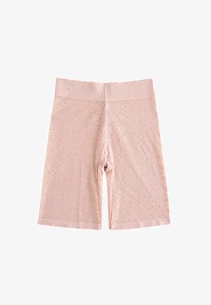 Lys pinke cykelshorts med et tekstureret blomstermønster, bred elastisk talje og længde til midt på låret. Blødt stof og glat finish.