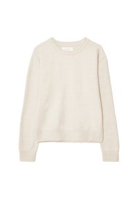 Beige svetr s dlouhým rukávem a kulatým výstřihem, s žebrovanými manžetami a lemem, vyrobený z měkké pleteniny, vystavený na bílém pozadí.