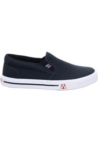 Navy canvas slip-on shoes feature elastic side panels, white rubber sole, and a red and blue accent stripe. Textured outsole for grip.