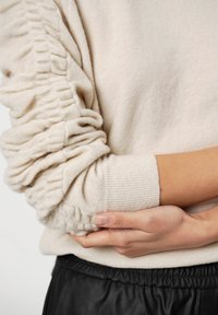 Crème-kleurige trui met geplooide mouwdetails. Zachte textuur, geribbelde manchetten en een subtiele glans. Gedragen met zwarte broek met elastische tailleband.