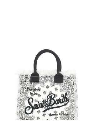 Borsa tote con manici neri, stampa paisley bianca e nera e "Saint Barth" con le frasi "The place to be" e "Summer Paradise" sul davanti.