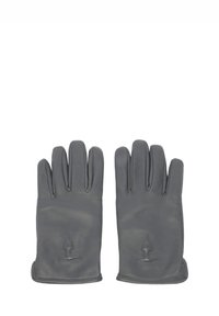 Szare skórzane rękawice o gładkiej fakturze, z subtelnym logo i sześcioma wyraźnie zaznaczonymi palcami, zaprojektowane z myślą o ciepłe i komforcie.