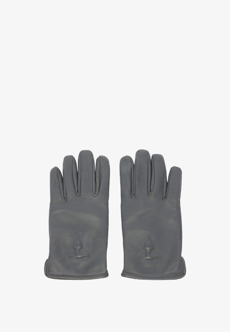 Szare skórzane rękawice o gładkiej fakturze, z subtelnym logo i sześcioma wyraźnie zaznaczonymi palcami, zaprojektowane z myślą o ciepłe i komforcie.