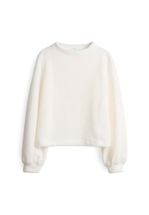 Maglione bianco, lungo e accogliente, con maniche a sbuffo e un morbido finish testurizzato. Presenta un ampio scollo rotondo e polsini elastici.