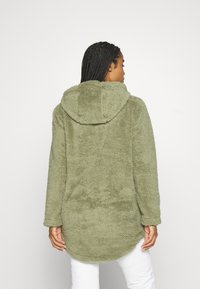 Übergroßer grüner Plüschmantel mit Kapuze, weicher Textur, langen Ärmeln und abgerundetem Saum, von hinten präsentiert.
