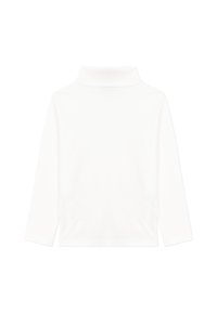 Hvit langermet genser med høy hals laget av mykt stoff, med en enkel, uten prydelser design.