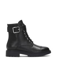 Black leather ankle boots with a round toe, lace-up front, and a silver buckle accent on the cuff. Rugged, textured sole for traction.