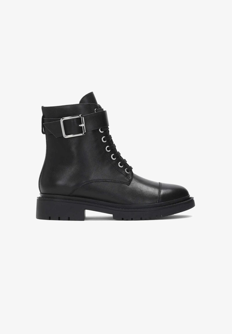 Black leather ankle boots with a round toe, lace-up front, and a silver buckle accent on the cuff. Rugged, textured sole for traction.