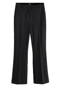 Juodos, plačių kelnių, pagamintos iš lygios medžiagos, su priekinėmis kišenėmis ir diržu juosmenyje, suteikiančios pritaikytą išvaizdą.