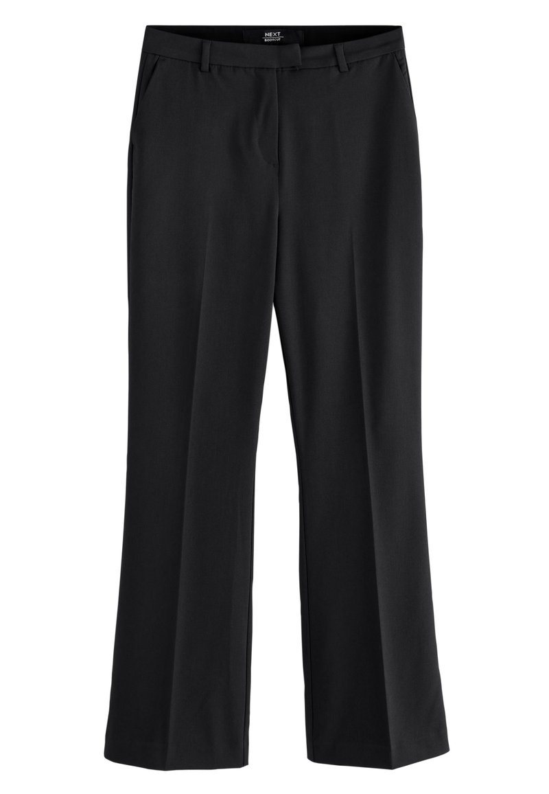 Juodos, plačių kelnių, pagamintos iš lygios medžiagos, su priekinėmis kišenėmis ir diržu juosmenyje, suteikiančios pritaikytą išvaizdą.