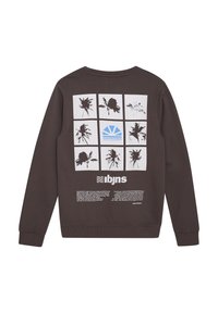 Brun sweatshirt med en grafisk design bestående av nio paneler, inklusive silhuetter och ett blått sol-emblem, med text nedanför.