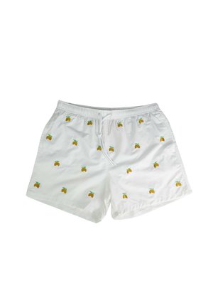 Costume da bagno bianco con stampe gialle di mango, vita elastica e coulisse bianca annodata davanti.