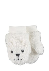 Weiße Fäustlinge aus flauschigem, strukturiertem Stoff, mit einem Bärengesicht-Design, bestickten Augen und Nase sowie gerippten weißen Bündchen.