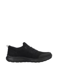 Black athletic shoes featuring a mesh upper and rubber sole, with a padded collar, textured accents, and lace-up closure for support.