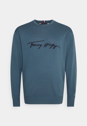 Pull bleu à col rond avec poignets et ourlet côtelés, arborant le logo "Tommy Hilfiger" brodé en noir sur la poitrine.
