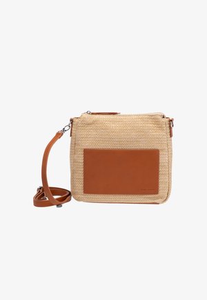 Bež torba iz tkanine z gladkim rjavim usnjenim poudarkom, pravokotne oblike, nastavljivim trakom in zadrgo, s sprednjim žepom.