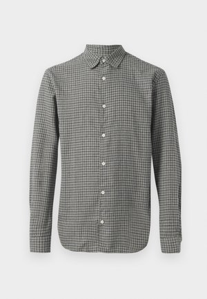 Cămașă cu nasturi, cu un model în carouri alb-negru, având guler ascuțit, mâneci lungi și tiv drept.