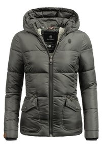 Padded jacket in dark gray with a hood, zip closure, two front pockets, and ribbed cuffs. Features a soft inner lining and logo detailing.