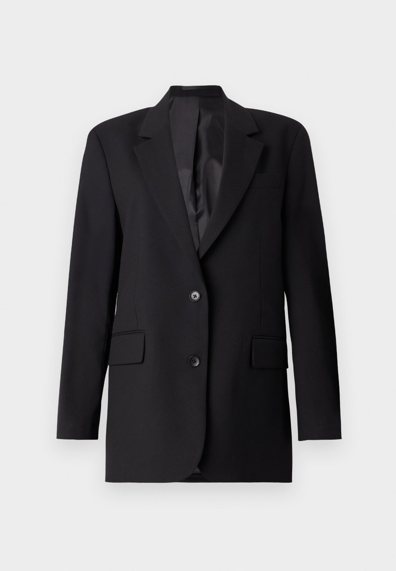 Schwarze Jacke mit einer Ein-Knopf-Verschluss, Reverskragen und zwei vorderen Taschen. Glattes Material mit einer maßgeschneiderten Silhouette und minimalistischer Gestaltung.