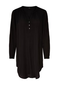 Czarna tunika z długim rękawem, dekoltem w kształcie litery V, z pięcioma guzikami, z plisowanymi detalami na ramionach i zaokrąglonym dołem. Miękka tekstura materiału.