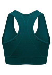 Teal sportbeha met een racerback-ontwerp, een gladde textuur en rekbaar materiaal. Het heeft een brede geribbelde band aan de onderkant.