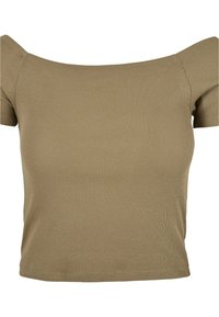 Top corto a maniche corte di colore verde oliva a righe con design off-shoulder. Il tessuto ha una texture liscia con linee orizzontali visibili.