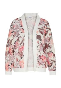 Cárdigan floral ligero en tejido transparente con flores rosas y moradas, borde blanco, diseño de frente abierto y mangas largas.