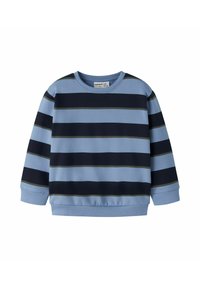 Sweat-shirt à manches longues pour tout-petit avec larges rayures horizontales en bleu clair, marine et fines lignes gris foncé, doté d'un col rond.