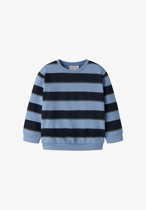 Bluza dla malucha z długim rękawem, z szerokimi poziomymi pasami w jasnoniebieskim, granatowym i cienkimi ciemnoszarymi liniami, z okrągłym dekoltem.