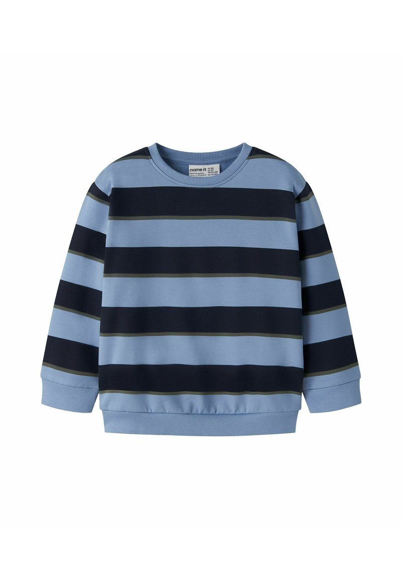 Sweat-shirt à manches longues pour tout-petit avec larges rayures horizontales en bleu clair, marine et fines lignes gris foncé, doté d'un col rond.