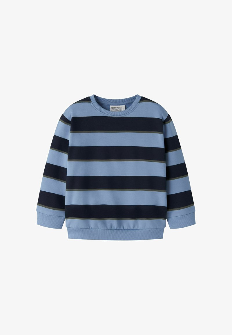 Sweat-shirt à manches longues pour tout-petit avec larges rayures horizontales en bleu clair, marine et fines lignes gris foncé, doté d'un col rond.
