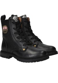 Zwarte leren veterschoenen tot de enkel met een gemarmerde afwerking, gouden accenten en een roze geborduurd logo aan de zijkant. Rubberen zool.