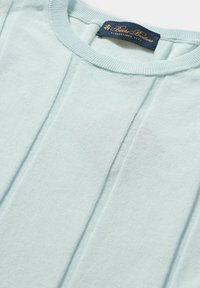 Himmelblaues, kurzärmeliges Baumwoll-T-Shirt mit geripptem Rundhalsausschnitt und subtilen Faltendetails auf der Vorderseite. Logopatch am Hals aufgenäht.