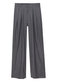 Grijze pinstripe broek met wijde benen, met een geplooide voorkant, een gladde textuur en een hoge taille. Klassiek ontwerp zonder zichtbare hardware.