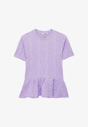 Blusa texturizada de manga corta color lila con escote redondo y bajo acampanado tipo peplum.