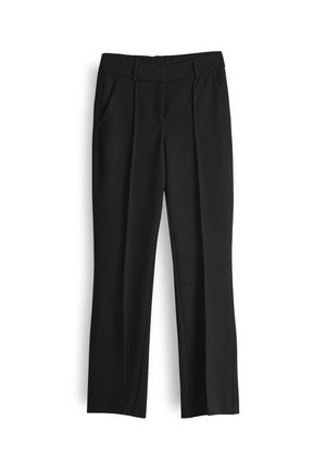 Black tailored trousers with a straight-leg design, front pleats, side pockets, and a smooth fabric texture. No visible hardware or embellishments.