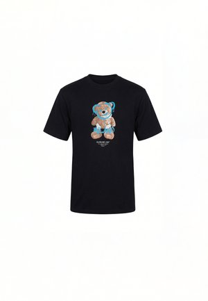 Black short-sleeve t-shirt with a teddy bear graphic covered by blue graffiti text reading "MILANO" and smaller white text below.