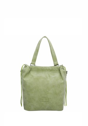 Bolso de cuero verde suave con dos asas y detalles de cordón, sobre fondo blanco.