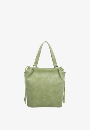 Zachte groene leren handtas met twee handvatten en trekkoorddetails op een witte achtergrond.