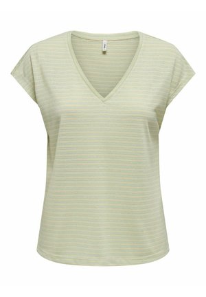T-shirt verde chiaro a scollo a V con maniche corte, caratterizzato da un sottile motivo a righe e una texture morbida. Orlo leggermente arrotondato.