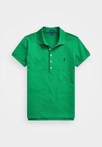 Grön polo-shirt i bomull med klassisk krage, korta ärmar, treknapplås och en liten blå broderad logotyp.